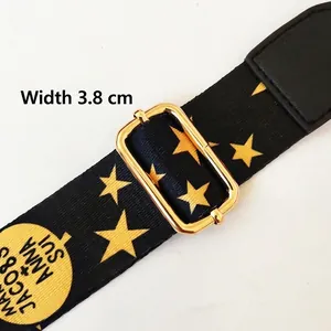 Adjustable black fabric shoulder strap with gold star patterns and 3.8cm width
