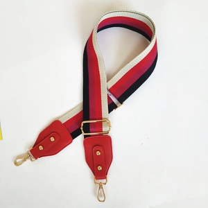 Macro detail of adjustable nylon shoulder strap with red and navy colorful stripes