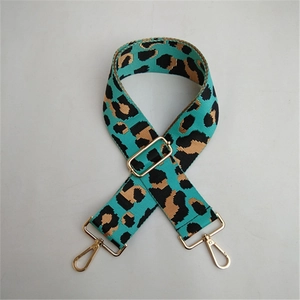 Detail of adjustable leopard print bag strap in Tiffany blue with gold hardware