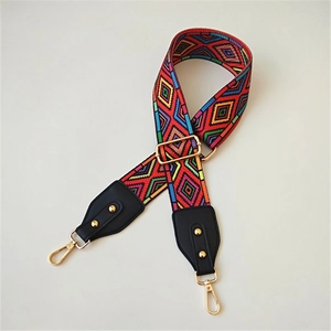 Ethnic style adjustable wide shoulder strap with colorful geometric diamond weaving and gold clips