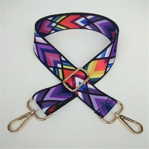 Adjustable colorful geometric patterned wide strap with gold-tone swivel metal hooks