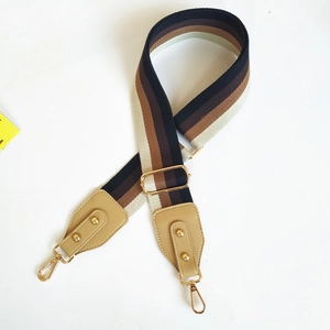 Detail of adjustable wide striped nylon shoulder strap with leather ends and gold buckles