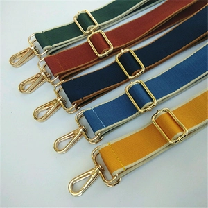 Detailed view of adjustable multi-color woven straps with gold metal hooks for bags