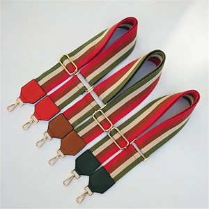 Detailed view of adjustable striped woven bag straps with colorful leather ends and gold hooks
