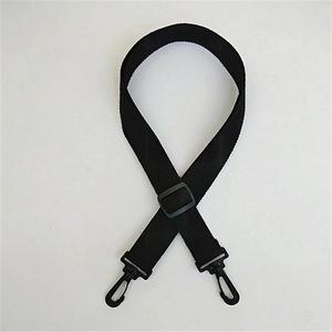 Adjustable black nylon shoulder strap with plastic swivel hooks for crossbody bags