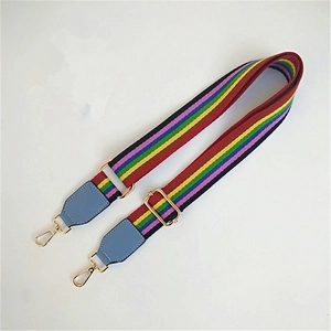 Detail of adjustable rainbow woven canvas strap with blue leather and gold metal clips