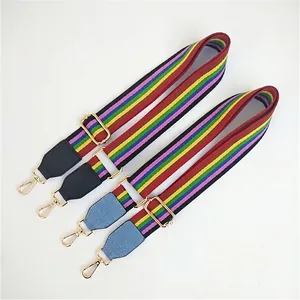 Close-up of colorful rainbow striped woven handbag strap with golden metal lobster hooks