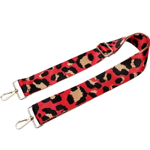 Adjustable wide replacement bag strap with red leopard pattern and gold hardware
