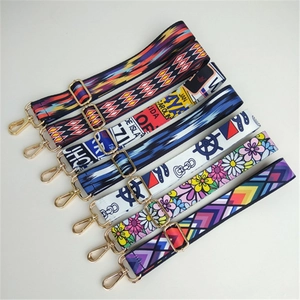 Ethnic style colorful adjustable canvas shoulder straps with gold metal hooks and buckles