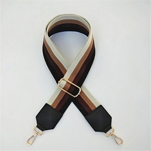 Thickened colorful striped canvas shoulder strap with gold metal buckles and leather ends
