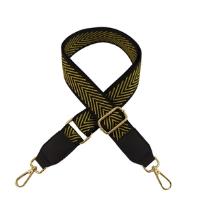 Adjustable wide canvas shoulder strap with yellow geometric pattern and gold hooks