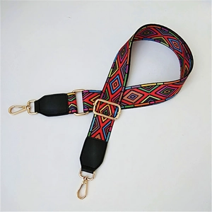 Close-up of adjustable ethnic geometric pattern strap with gold metal spring hooks