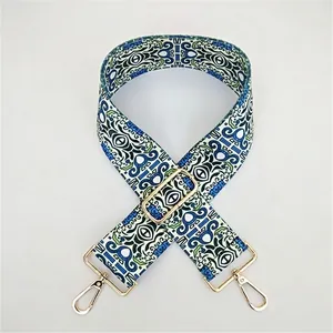 Adjustable colorful wide shoulder strap with ethnic geometric pattern and gold hardware