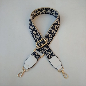 Adjustable wide replacement shoulder strap with blue vintage pattern and gold metal hooks
