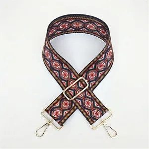 Ethnic style adjustable wide shoulder strap with embroidery and gold metal hooks