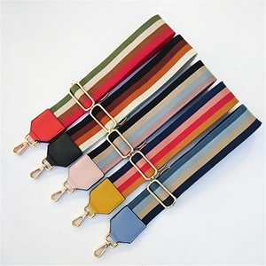 Detail of adjustable striped PU leather guitar style shoulder straps with gold hardware