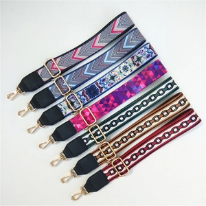 Wide Shoulder Strap Replacement For Handbags Adjustable Polyester Webbing With PU Leather Ends Retro Geometric Patterns