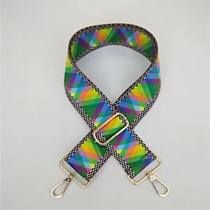 Close-up of bohemian style adjustable woven bag strap with colorful diamond pattern