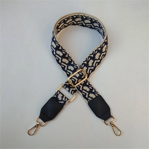 Adjustable wide replacement shoulder strap with vintage navy blue jacquard pattern