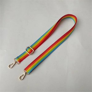 Adjustable rainbow striped nylon shoulder strap with gold metal hooks for handbags