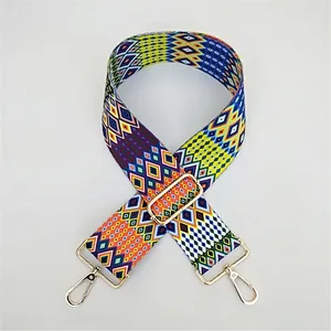 Adjustable colorful geometric patterned bag strap with golden metal swivel hooks