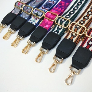 Adjustable wide replacement bag straps with ethnic patterns and golden metal buckles