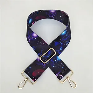 Detail of adjustable universe galaxy print nylon strap with gold metal lobster clasps