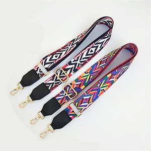 Close-up of bohemian style adjustable bag straps with ethnic patterns and gold metal buckles
