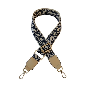 Adjustable retro jacquard wide shoulder strap with blue floral pattern and gold clasps
