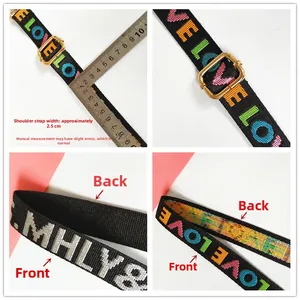 Detail of 2.5cm colorful LOVE canvas bag strap with golden metal buckle and weave texture