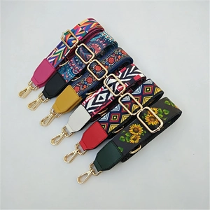 Adjustable Wide Bag Shoulder Strap Replacement Ethnic Paisley Floral Pattern Polyester Webbing Leather Ends Golden Buckle