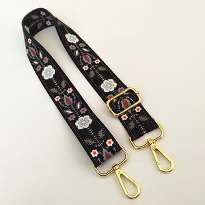 Ethnic style embroidered wide replacement strap with golden hardware for shoulder bags