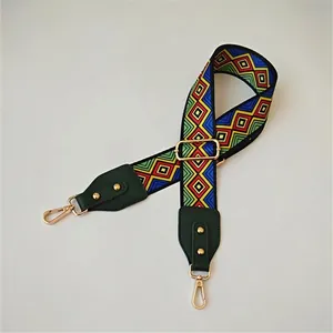 Adjustable geometric ethnic style wide shoulder strap with red yellow and blue weave