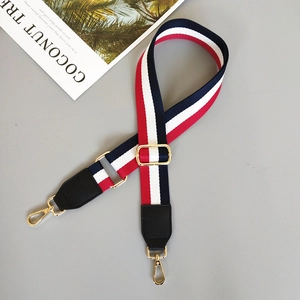 Close-up of red, white, and blue striped nylon bag strap with gold metal buckle and hooks
