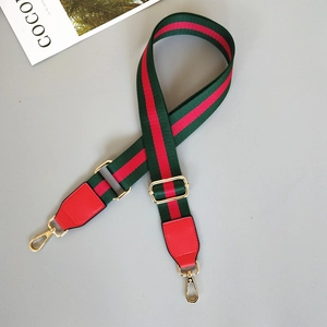 Detail of adjustable green and red striped canvas strap with gold swivel hooks and leather ends