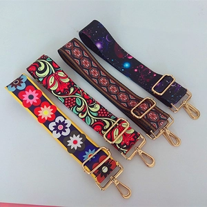 Adjustable ethnic style wide handbag straps with vintage prints and gold metal buckles