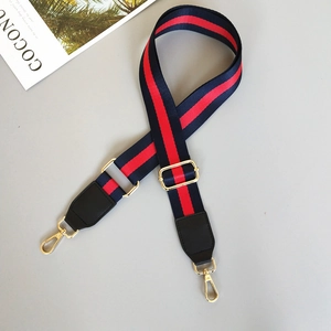 Detail of red and blue striped adjustable nylon bag strap with gold metal swivel clasps
