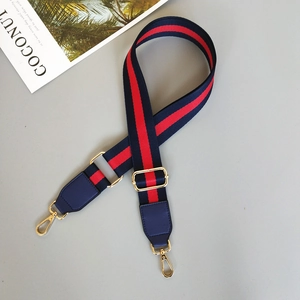 Close-up of adjustable striped canvas strap with navy leather and gold hardware