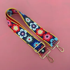 Ethnic floral wide shoulder strap replacement for crossbody bags with gold lobster clasps