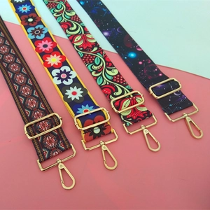 Ethnic wide adjustable replacement straps for crossbody bags with gold metal buckles