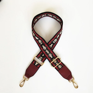Adjustable wide replacement shoulder strap with vintage ethnic jacquard pattern and gold hooks