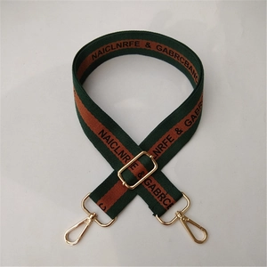 Adjustable green and red striped cotton shoulder strap with gold hooks and letter print