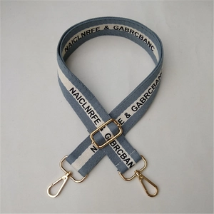 Adjustable blue canvas shoulder strap with white stripes and gold lobster clasps