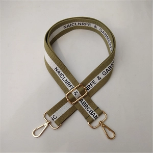 Adjustable olive green canvas bag strap with white stripes and golden metal clasps