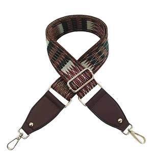 Ethnic style adjustable wide shoulder strap with red geometric weaving and gold buckles