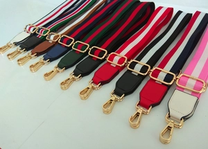 Collection of colorful adjustable woven bag straps with gold metal hooks and PU leather ends