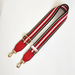 Close-up of ethnic striped woven strap with red leather and adjustable gold hardware