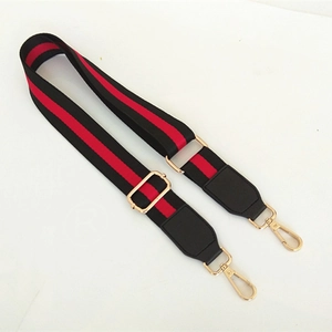 Adjustable red and black striped wide bag strap with gold metal hooks for handbags