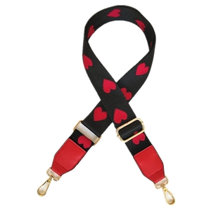 Ethnic style black strap with red heart patterns and golden metal hooks for handbags