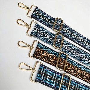 Ethnic style wide adjustable bag straps with jacquard weave and gold metal hooks